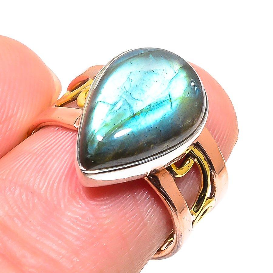 Natural Labradorite Gemstone Two Tone 925 Sterling Silver Gift Ring S.7.5 U3r06