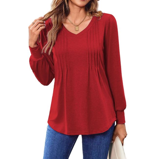 

Women Spring and Autumn Solid Color Pleated V-neck Loose Top Long Sleeve Shirt 2XL