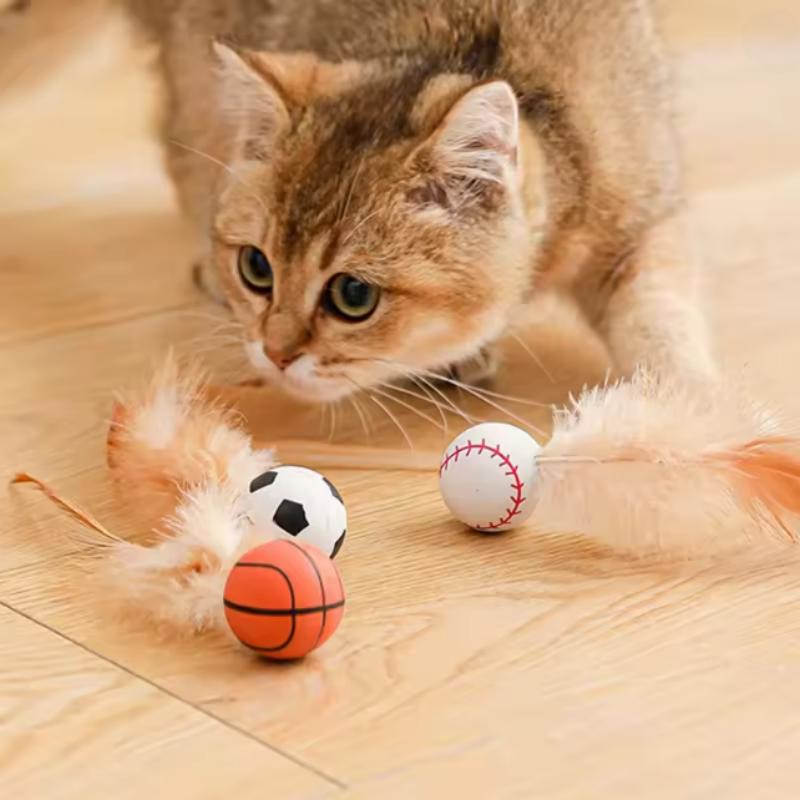 Colorful Bouncy Ball with Feathers, Interactive Cat Toy for Indoor Entertainment, Safe Kitten Teaser Plaything