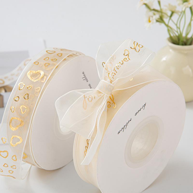 10Yards/Roll Hair Bows DIY Craft Gold Foil Snow Yarn for Gift Wrapping 2.5cm Organza Ribbon Printed Silk Ribbons