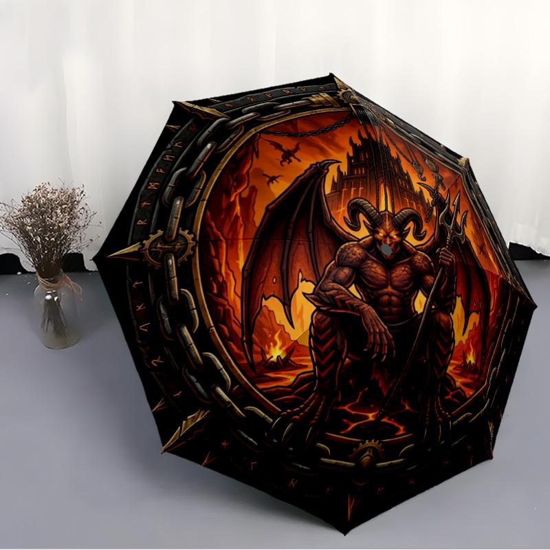 Devilish Inferno Emblem pattern umbrella, portable and foldable design, 8 ribs, a casual accessory for Halloween, Christmas, and birthday gifts.