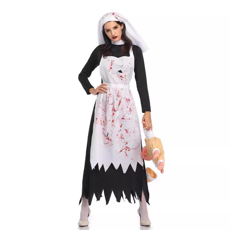Halloween Costume Adult Horror Bloody Nun Zombie Suit Ladies Zombie Suit Irregular Long Dress