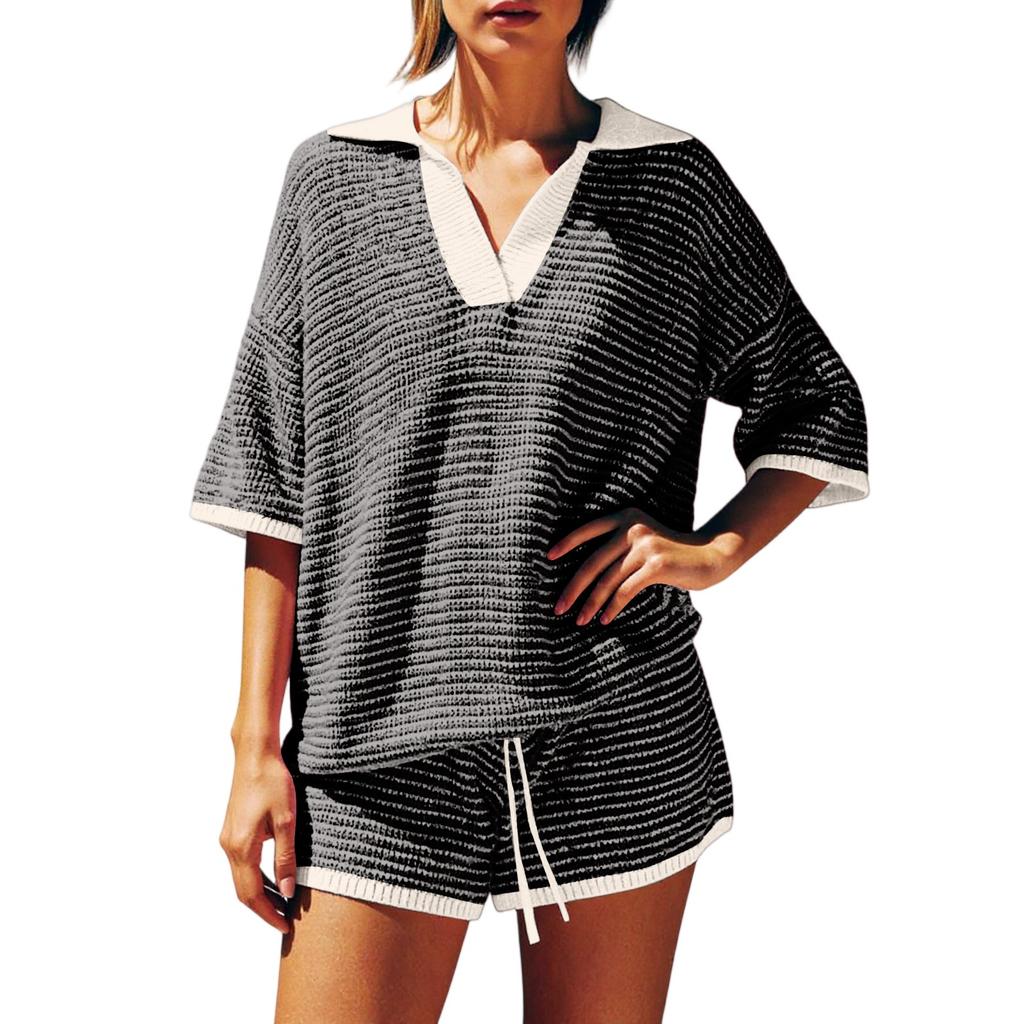 Women's Two-piece Set With Mid Sleeve V-neck Striped Knit Top, High Waisted Shorts, Casual Suit