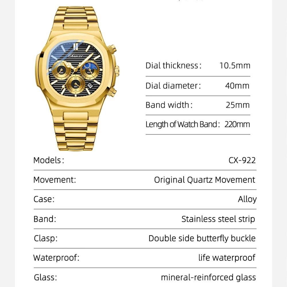 Men's Multifunction Quartz Watch Chronograph Luminous Water-Resistant Luxury Golden Steel Bracelet Men Moonswatch