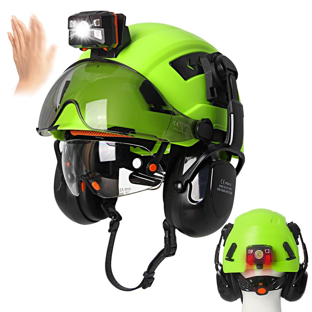 Casco di Sicurezza per Cantiere CE con Doppi Visori Lampada Frontale Paraorecchie ANSI Scivolante Traspirante Elmetto Cappello da Lavoro per Ingegnere Industriale