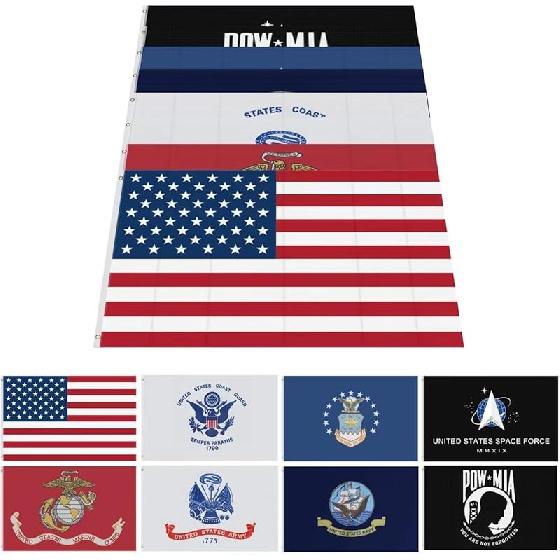 3 * 5 FT Lot of 8 Branches Military Set Polyester Banner Space Force, Air Force, US Navy, Coast Guard, Marines, Army,Pow Mia,United States Flags (3 * 12 * 18 Inch