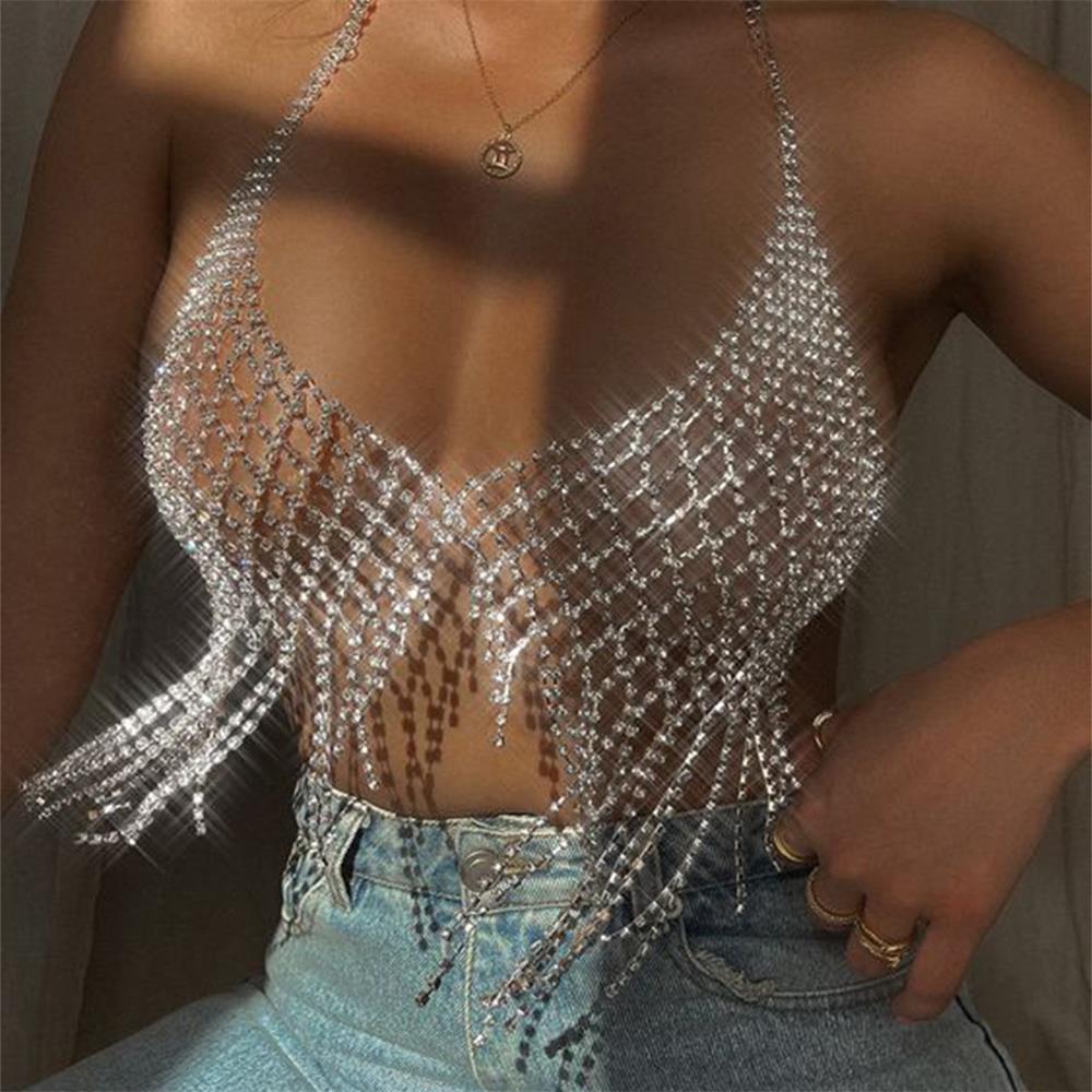 Accessoires Populaires, Chaîne de Poitrine à Franges Brillantes pour Discothèques Européennes et Américaines, Chaîne de Corps en Maille Strassée Chaîne de Corps