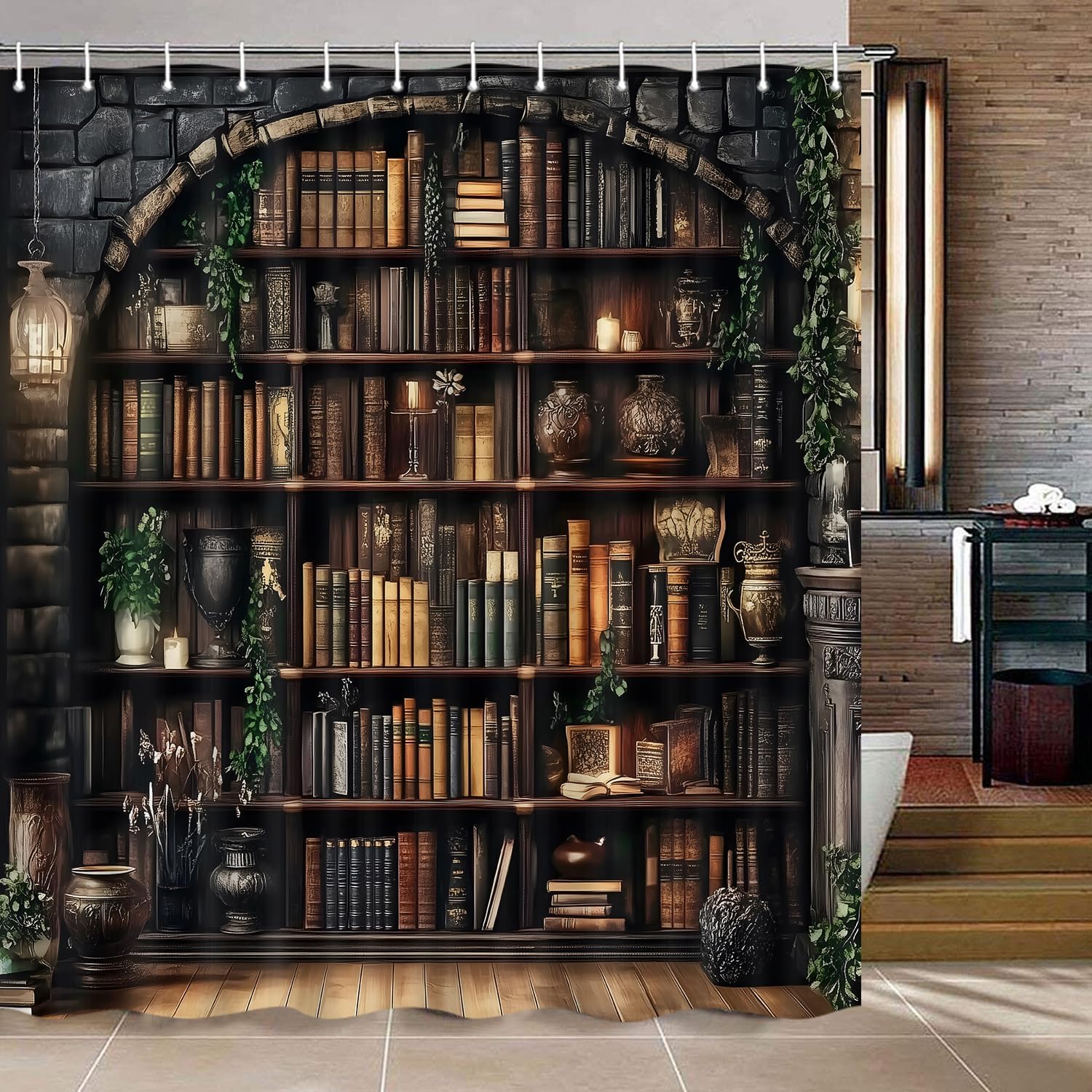 

Gothic Bookshelf Shower Curtain, Vintage Witchy Dark Farmhouse Books Waterproof Fabric Curtain W60H190(CM)-1 Pcs