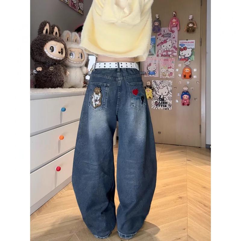 2025 Spring/Autumn Women's Retro Cartoon Embroidered Scimitar Jeans – Loose, Casual Long Pants Trendy Style