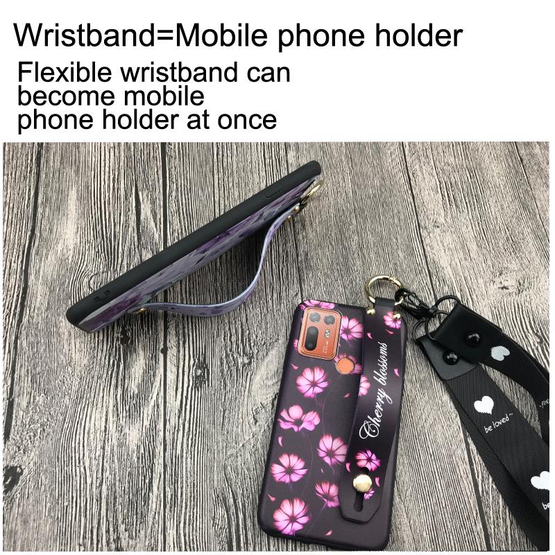 Durable Wristband Phone Case For HTC Desire 20 Plus/D20+ Lanyard Back Cover Shockproof Flower Soft case Fashion Design