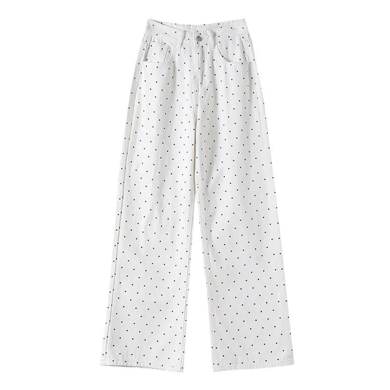 2024 Autumn Women's High Waist Polka Dot Wide Leg Jeans - Petite, Floor Length
