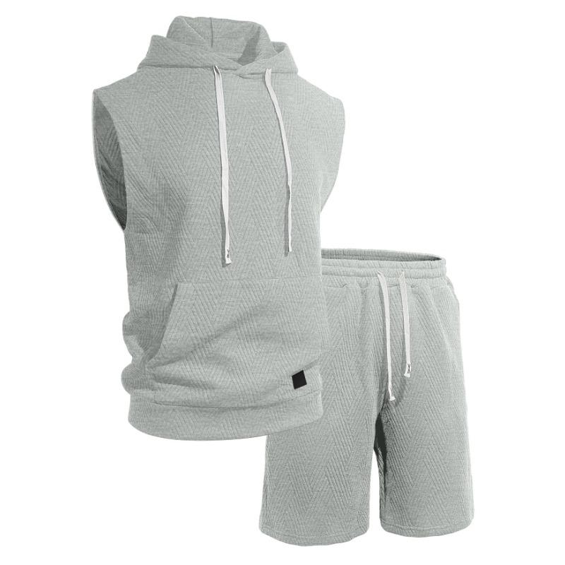 Mens Casual Solid Textured Sleeveless Hoodie And Shorts Set