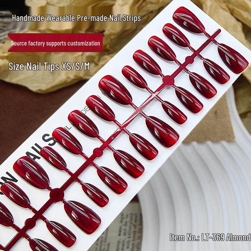 Handmade Autumn & Winter Nail Strips: Wine Red Cat Eye Almond Manicure for Christmas & New Year