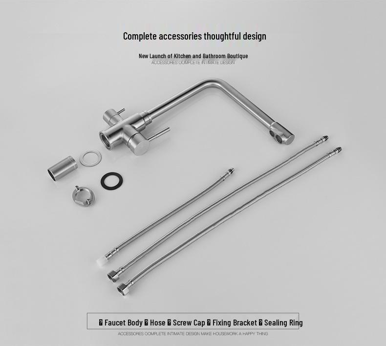 Grifo de Cocina de Acero Inoxidable 304 con Doble Salida y Opciones de Agua Caliente, Fría y Purificada