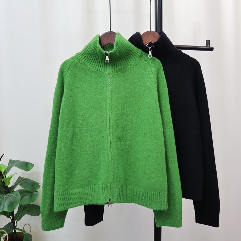 Thickened double zipper sweater jacket autumn and winter new loose solid color casual versatile knitted cardigan women