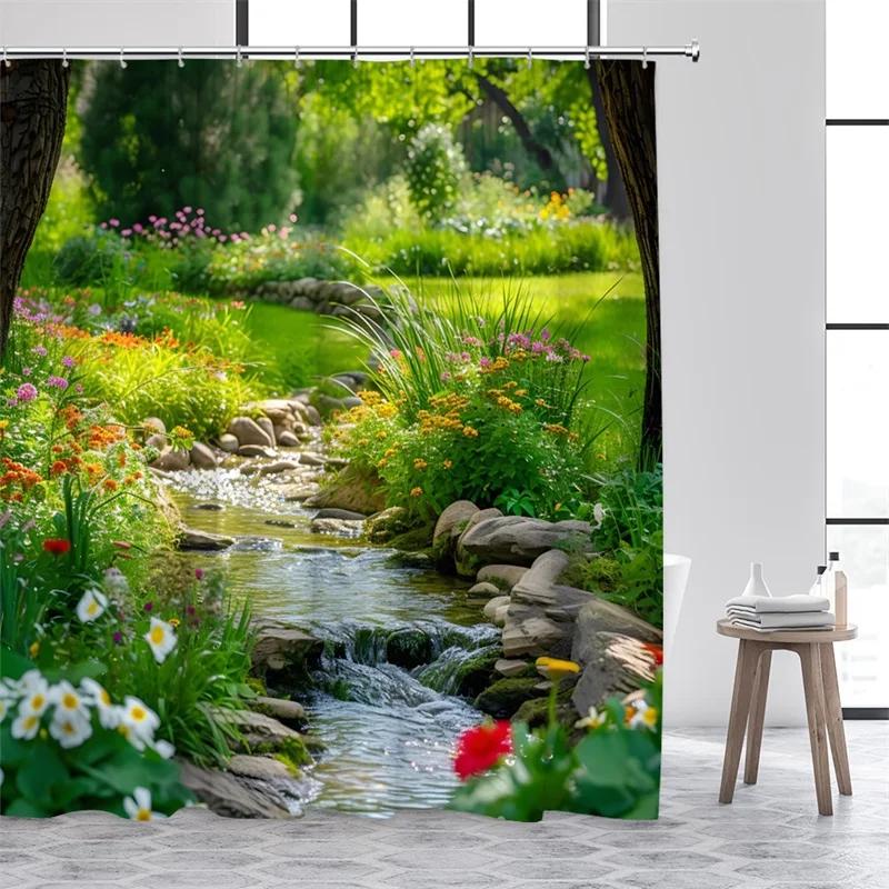 Tropical Jungle Landscape Shower Curtains Green Plants Palm Tree Waterfall Forest Nature Scenery Home Bathroom Curtain Decor Set