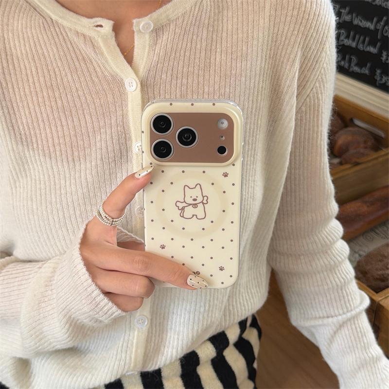 Magnetic Double Layer Beige Polka Dot Puppy Phone Case For iPhone 17 Pro 16 15 14 17 Pro Max Shockproof Cover Girl 17pro