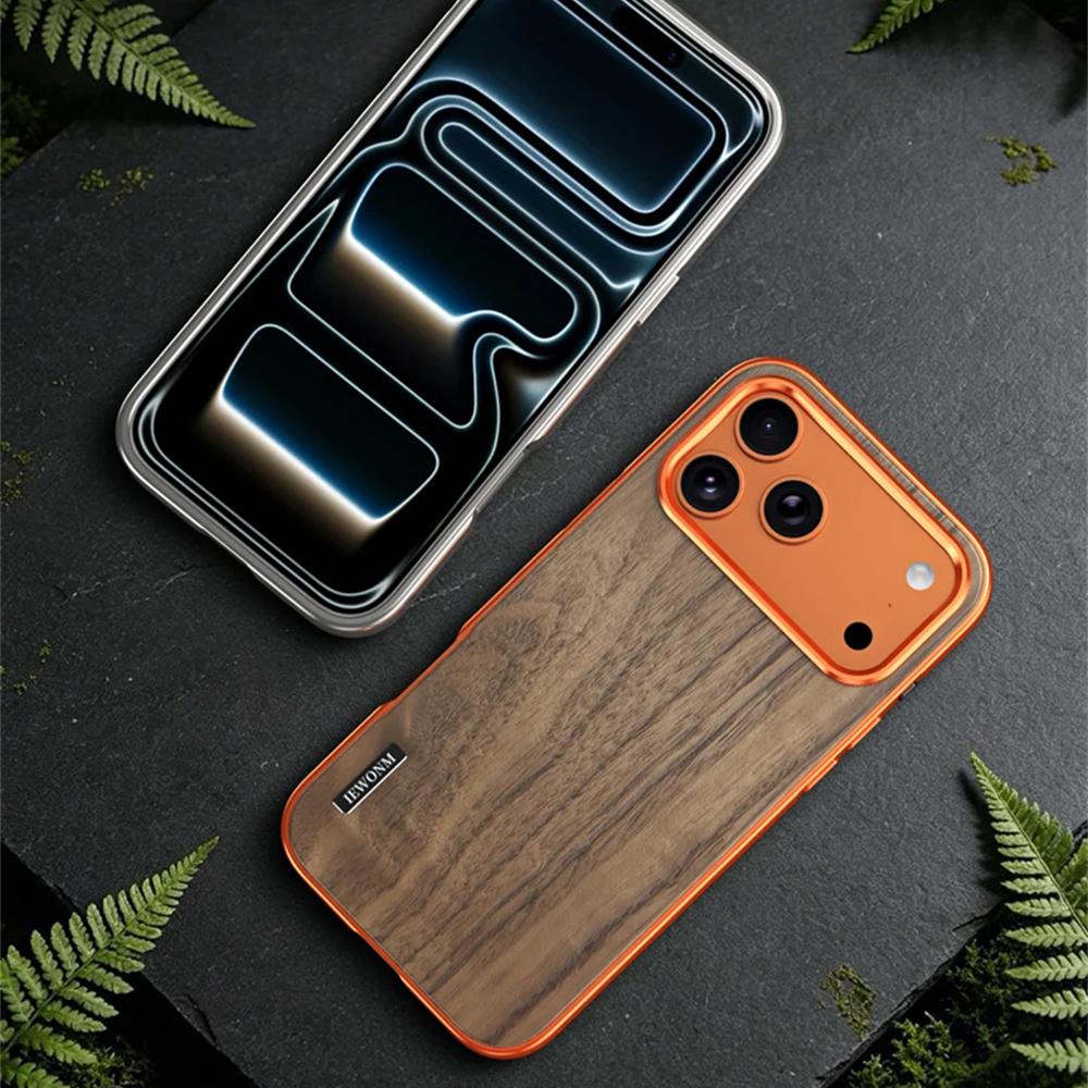 Luxury For iPhone 17 16 15 Pro Max Alloy Solid Wood Back Panel Hybrid Phone Case For Magsafe Wireless Charging Aluminum Alloy Cover