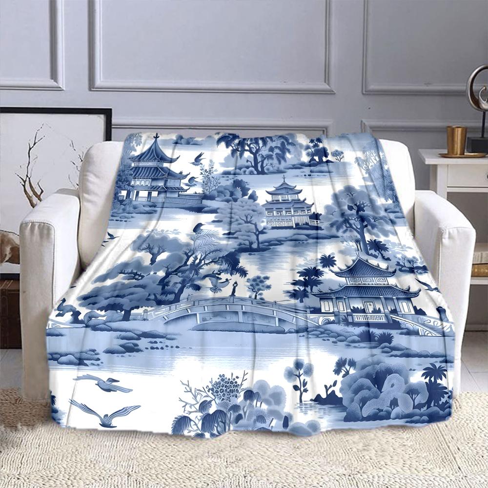 Blue Oriental Landscape with Pagodas Patterned Flannel Blanket Perfect for the Bedroom Living Room, Sofa, or a Little Nap