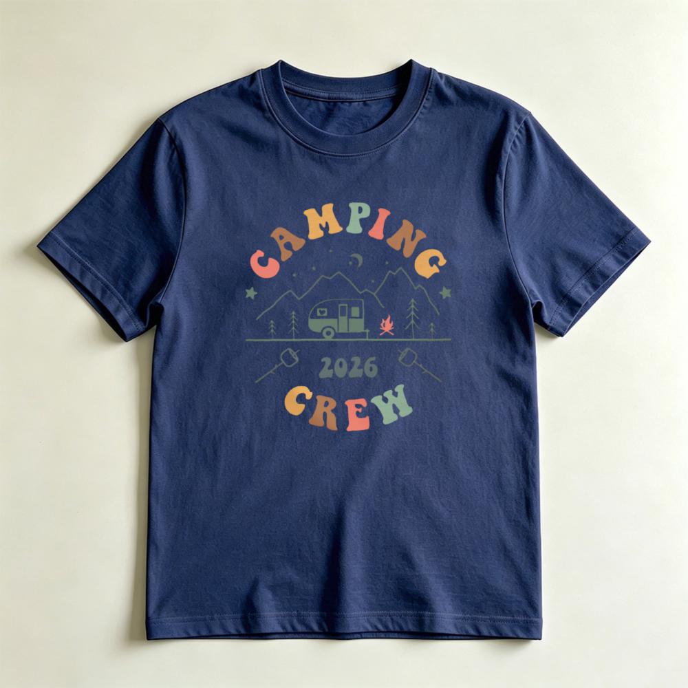 2026 Camping Crew Retro Rainbow Graphic TShirt Vintage Mountain Camper Tee Family Group Camping Trip Matching Casual Shirt S