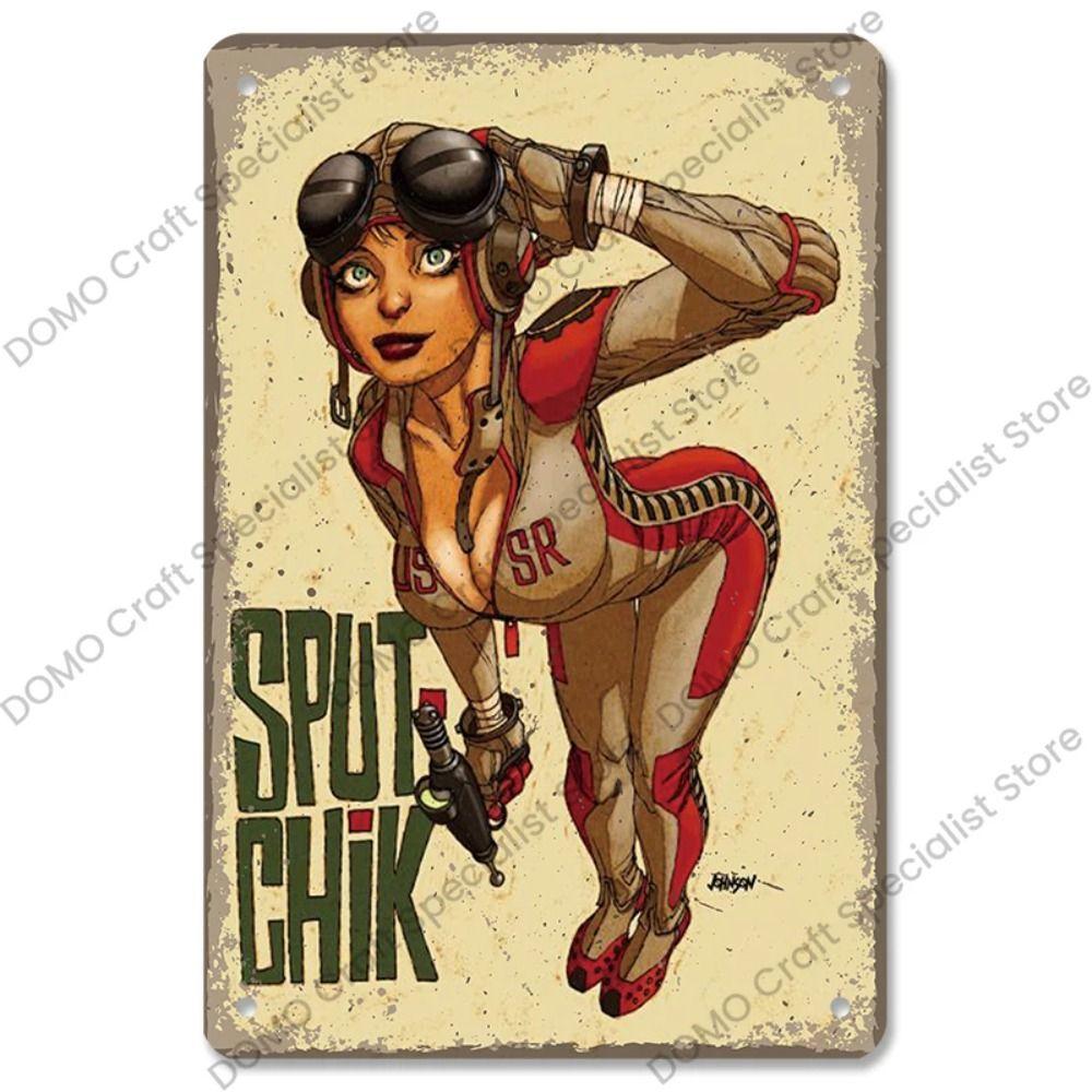 Metallplatta för flickor i interiör från Pinup-postern