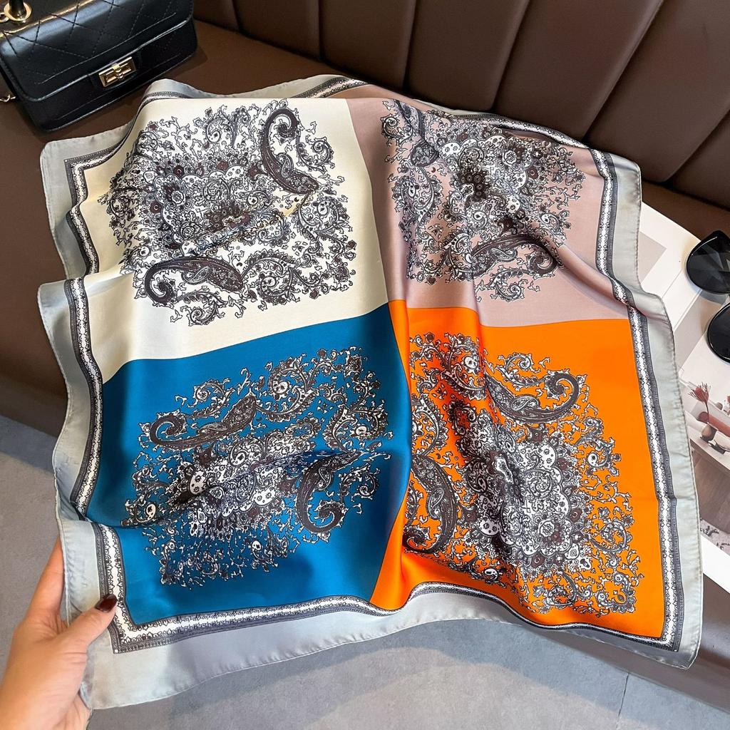 71Cm imitation silk small square scarf burgundy baroque pattern silk scarf versatile professional scarf spring and summer decorative scarf