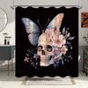1pc Gothic Skull & Butterflies Shower Curtain - Vibrant Blue, Purple, Pink Floral Design On Black Background, 70x70 Inches