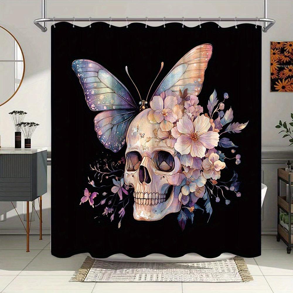 1pc Gothic Skull & Butterflies Shower Curtain - Vibrant Blue, Purple, Pink Floral Design On Black Background, 70x70 Inches