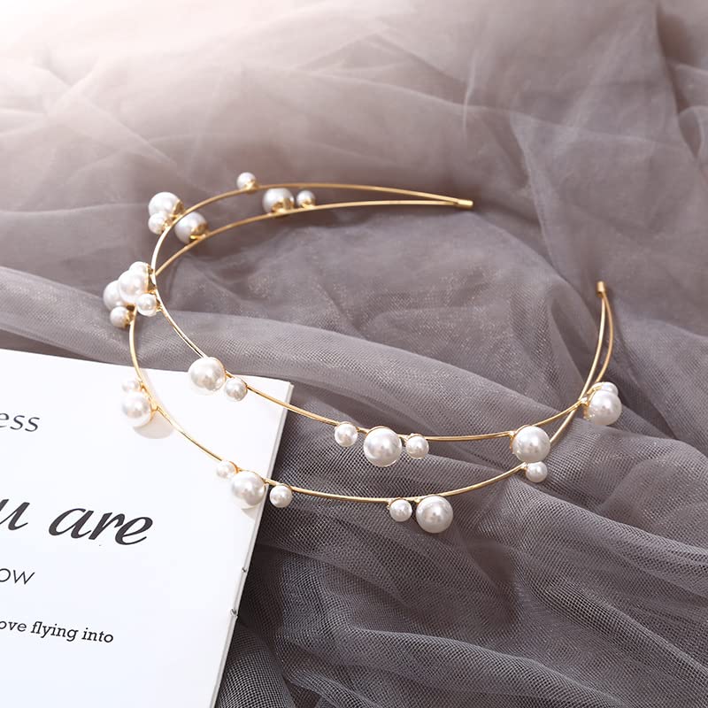 Double Layer Pearl Beaded Headbands Hair Hoops Bridal Hairbands Wedding Hair Accessories Fashion Elegant Pearl Headbands for Women Girls (Gold)