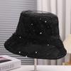 Rhinestone Decorated Solid Color Spring Summer Fisherman Hat Breathable Outdoor Basin Cap Fashionable Versatile Hat for Men Wome