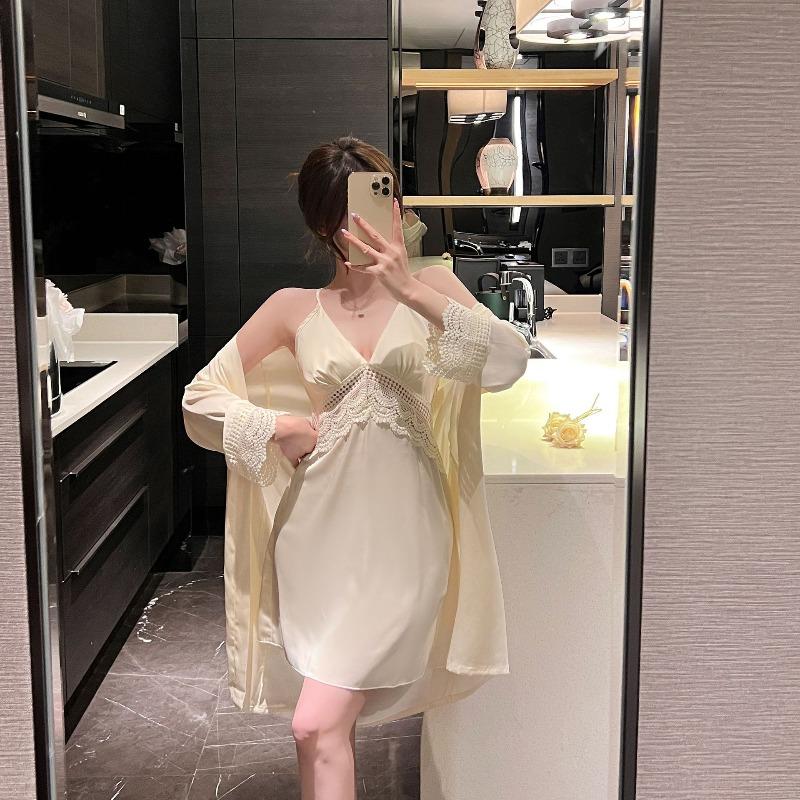 

Sexy pajamas women s ice silk pajamas women s spring and autumn new lace suspenders two-piece set summer thin sexy XL молоко, білий колір
