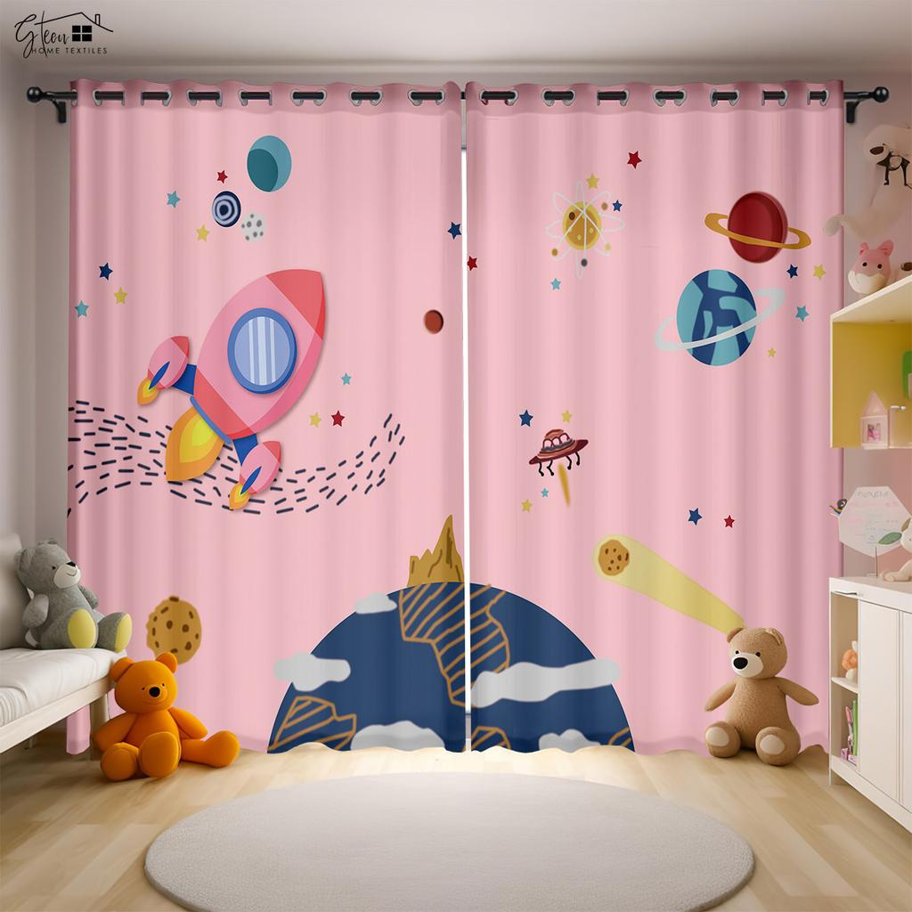 Cartoon Universe Curtains Astronaut Spaceship Rocket Moon Alien Children's Room Children's Bedroom 3D Printing Curtains 2PCS