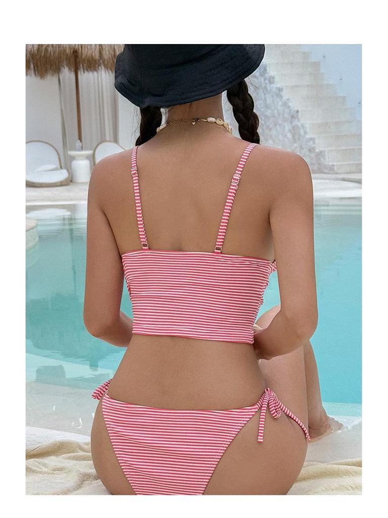2025 European-American Striped Slimming Bikini Set: Sexy, Conservative Tummy Control Swimwear for Hot Springs