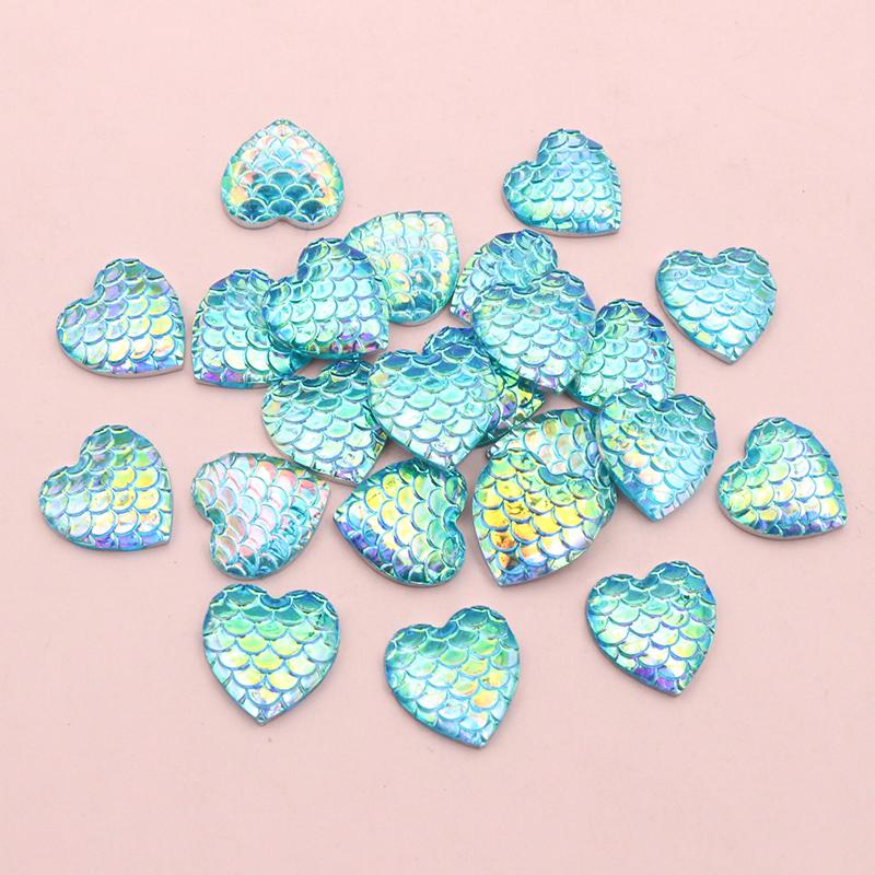 40pcs 12mm Heart Shape Mermaid Fish Scale Resin Cabochons Dome Flat Back DIY Jewelry Making Accessories for Earrings Bracelets