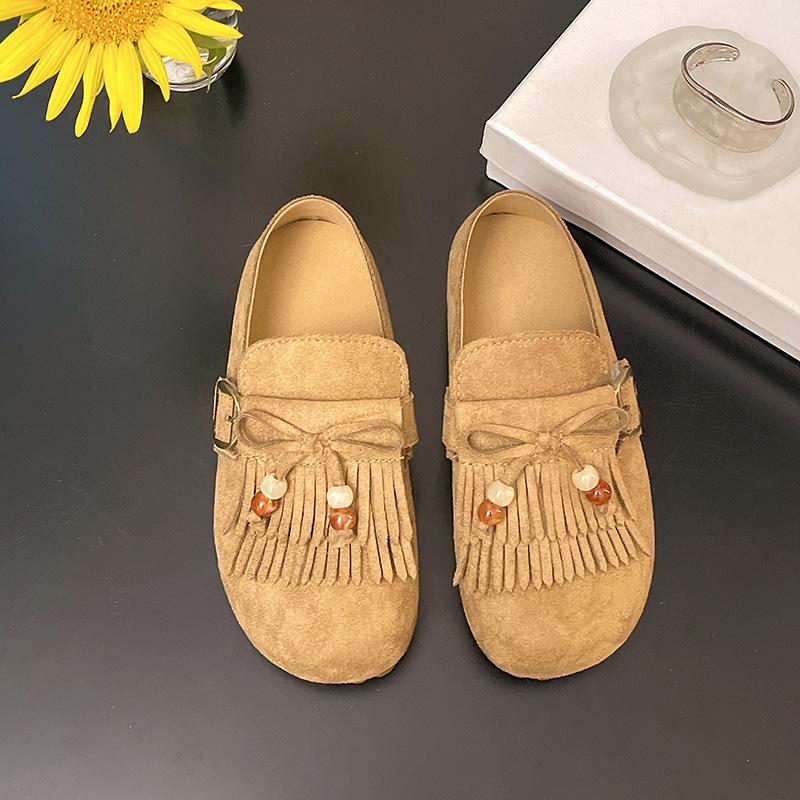 

Все включено мягкая кожа обувь Birken женская с бисером бахромой одинарная обувь 2025 осень новая круглая голова низкий верх плоская обувь обувь Birken 35 хаки