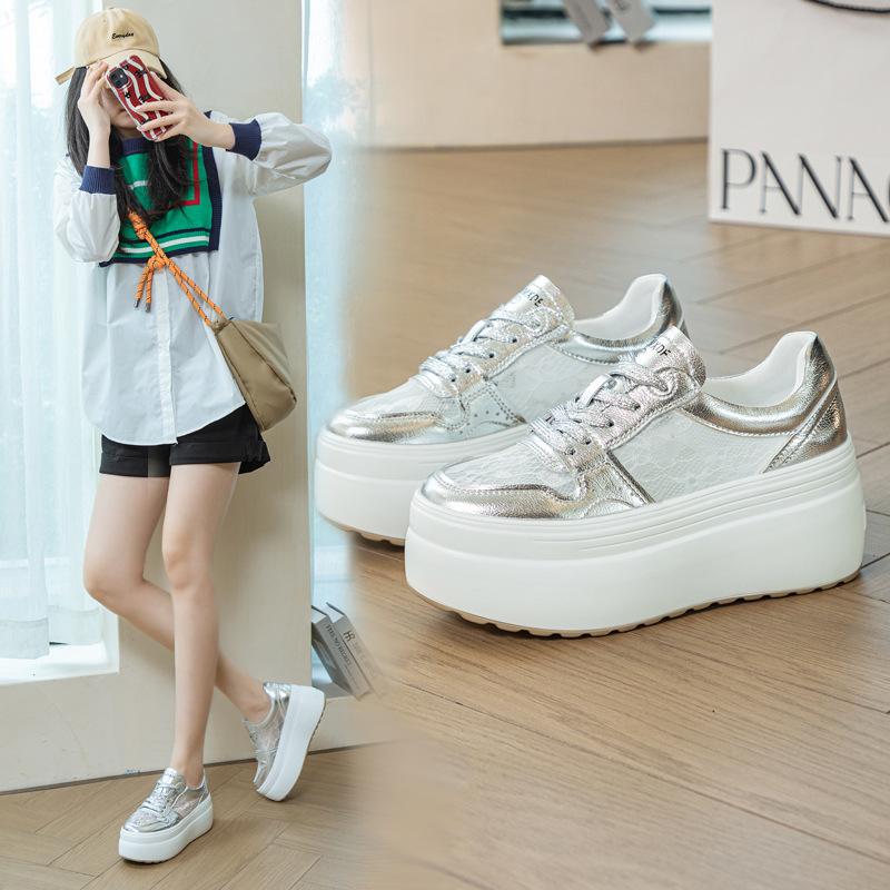 

Casual shoes women s lace mesh 2025 summer new breathable little white shoes women s muffin simple solid color women s shoes explosion 39 серебряный