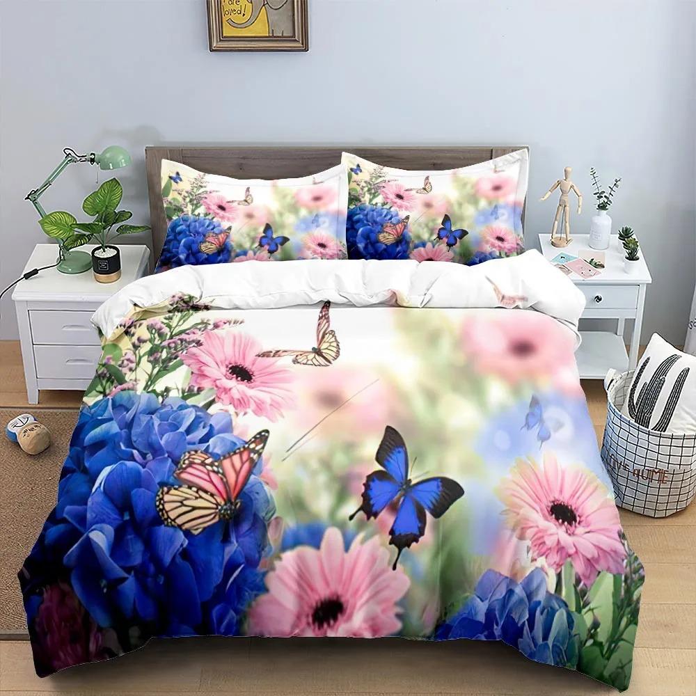 Butterfly Duvet Cover Set King Queen Full Cute Red Butterfly Insect Pink Flowers For Boys Girl Teen Polyester Bedding Set