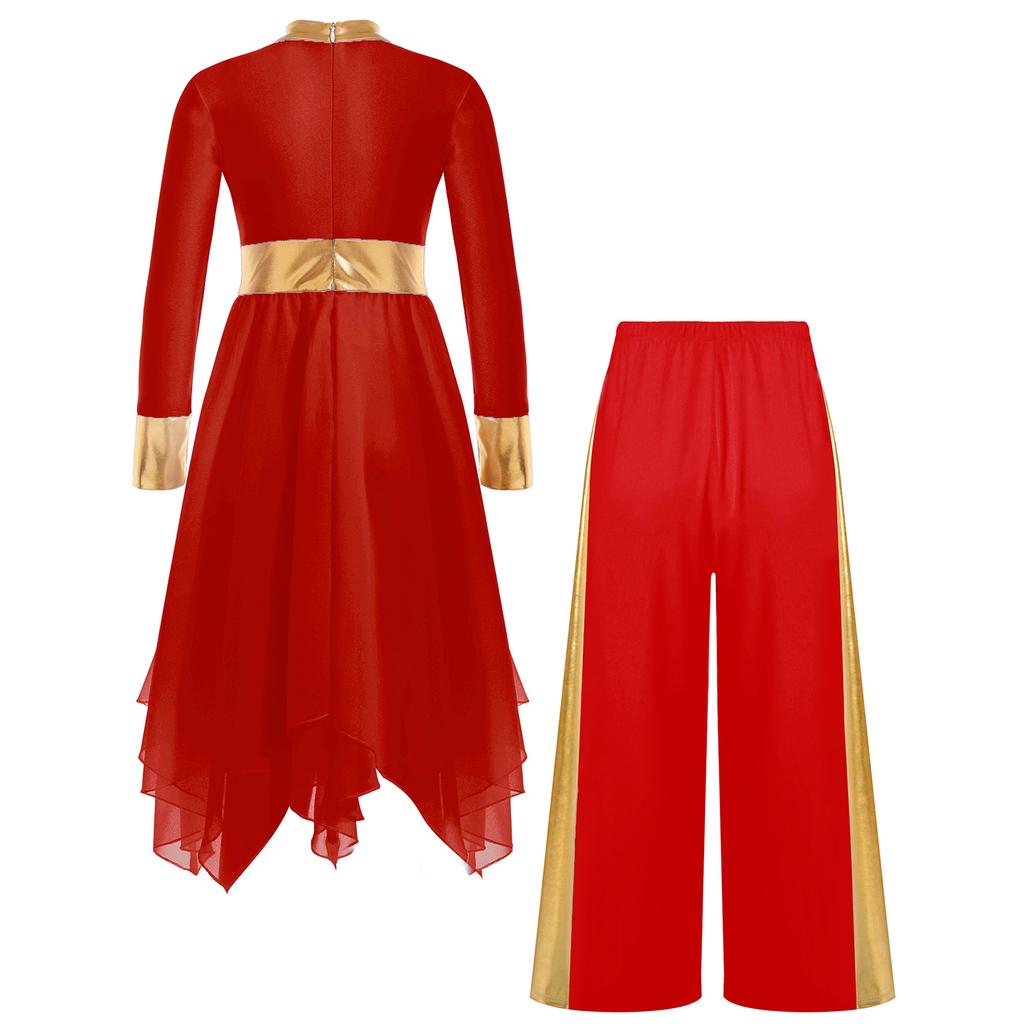 Mädchen Liturgisches Tanzoutfit Langarm Colorblock Metallic Lyrisches Kleid Weitbeiniges Hosen-Set
