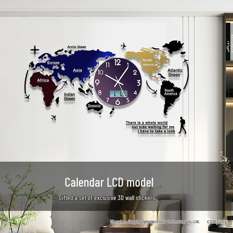 Creative World Map Wall Clock with Lamp & Perpetual Calendar for Living Room Decor