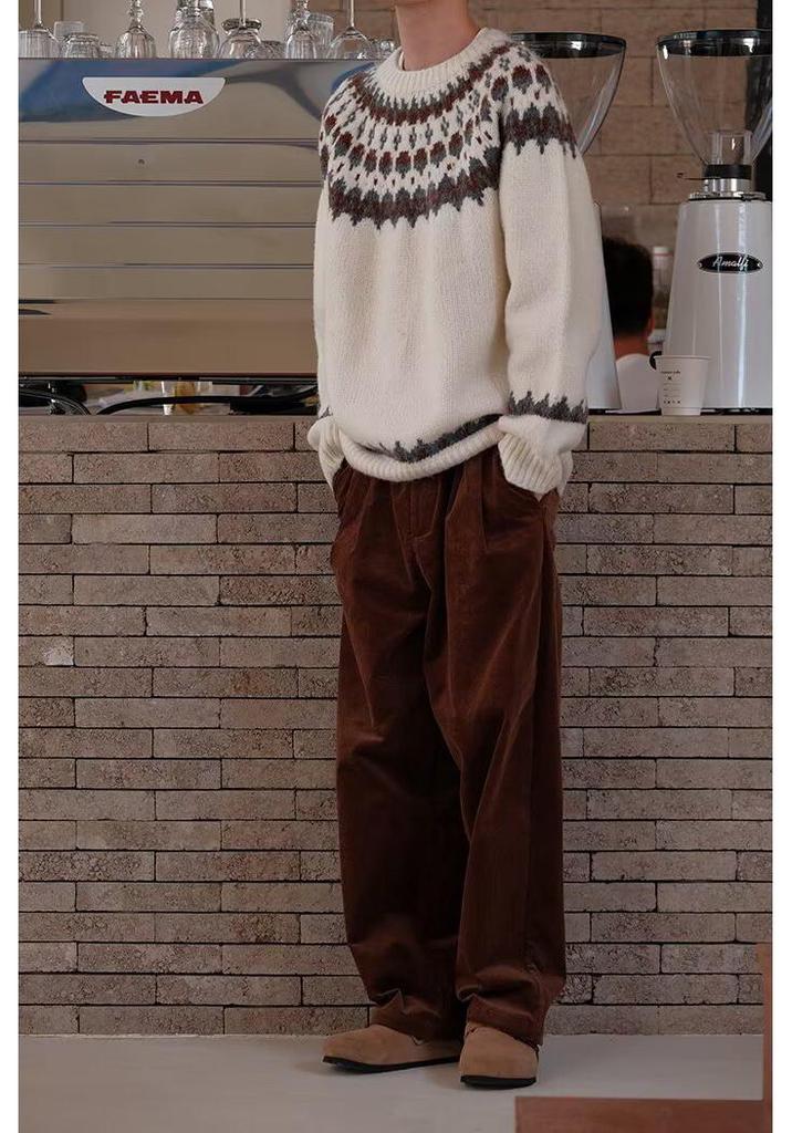 Men's Autumn/Winter French Fair Isle Stripe Knit Sweater - Round Neck, Loose Fit, Versatile Casual Style.