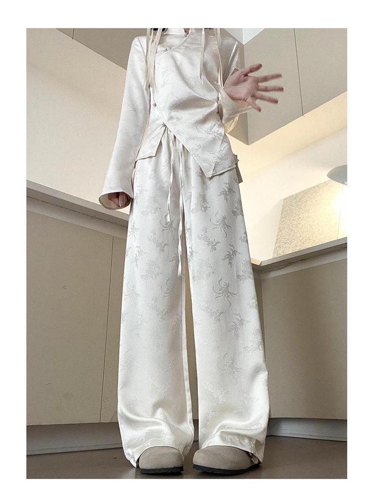 New Chinese Style Women's Jacquard Satin Wide Leg Pants - Spring Collection