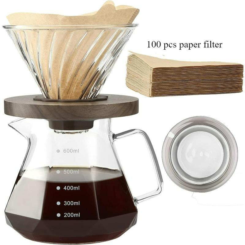 Pour-over Coffee Kettle ,Glass Carafe with Lid Walnut Handle Filter,Drip Coffee Maker Pot for Home Café Restaurant Camping