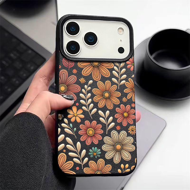 Minimalist Full-Coverage Line Art Daisy Pattern Shockproof Soft TPU Leather Texture Cover Case for iPhone 17 Pro Max Air 16e 16 15 14 13