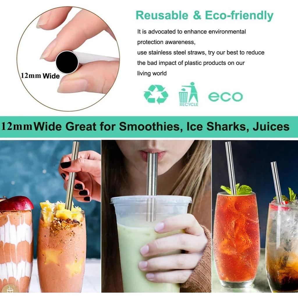 12mm Boba Metal Straw Eco-friendly 304 Stainless Steel Straws Set Reusable Drinking Straw for Bubble Tea Milkshake Bar Accessory