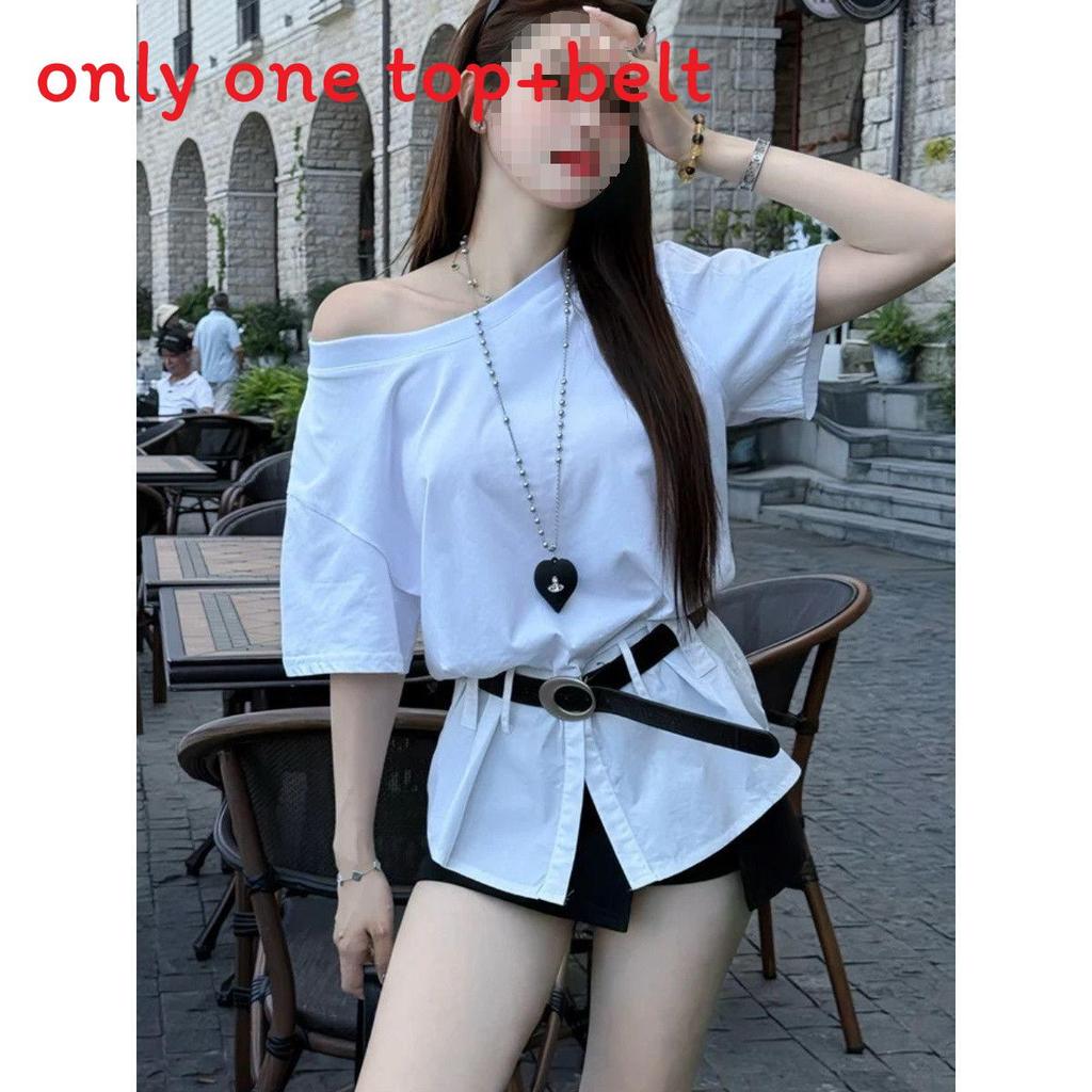 Zomerse Mode Offshoulder Gedeelde Gerimpelde Taille T-shirt Voor Dames