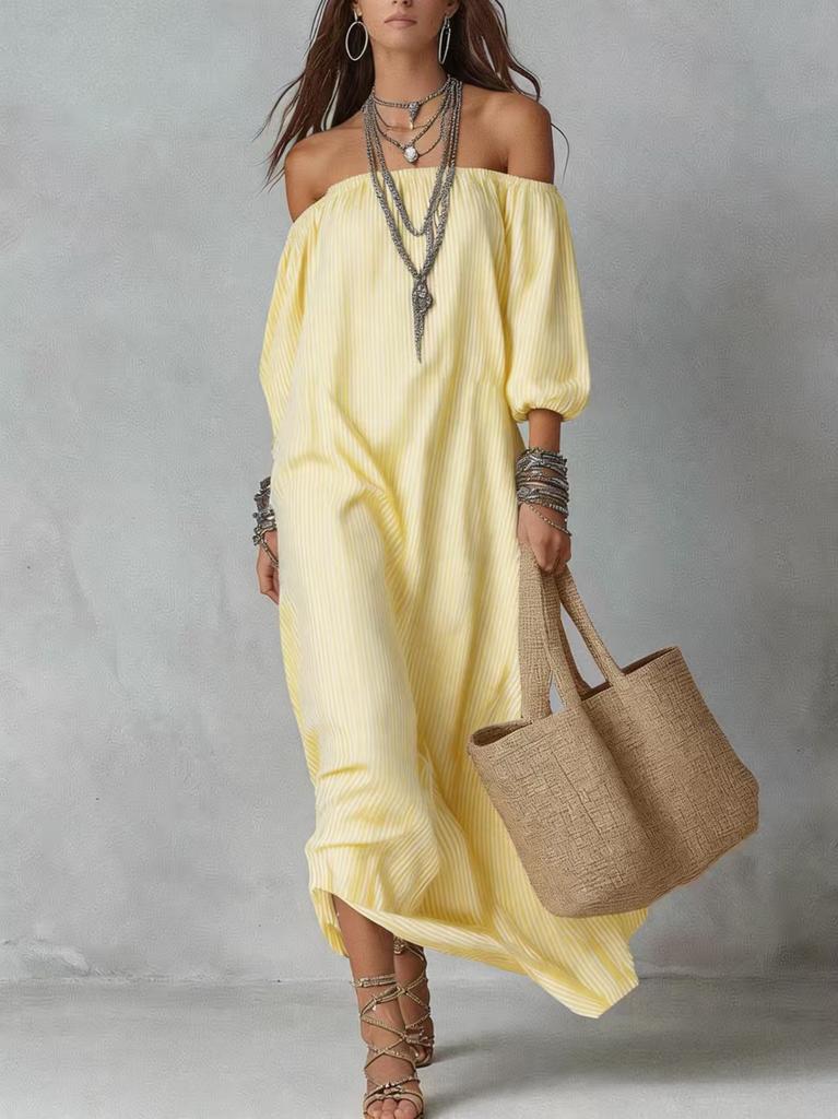 New Spot European and American Spring and Summer Elegant Striped Off-the-shoulder Loose Vacation Fashion Temperament Dress Women