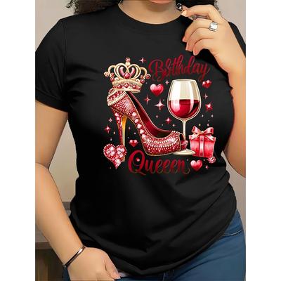 Taglia Europea Donna Maglietta Grafica Viola Regina del Compleanno Manica Corta Girocollo Top Casual Corona Scintillante Design Bicchiere da Vino Primavera