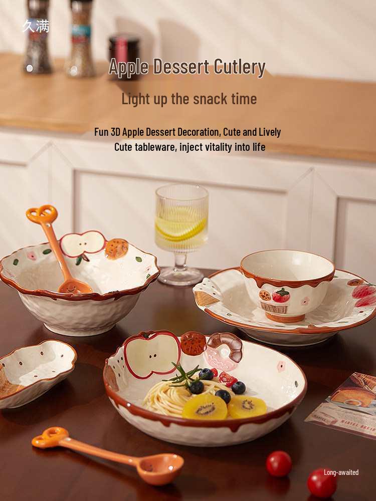 Süßes geprägtes Apfel Keramik Geschirr Set: Eisplatte, Reisschüssel, Nudelsuppenschüssel, Salat- und Pastateller