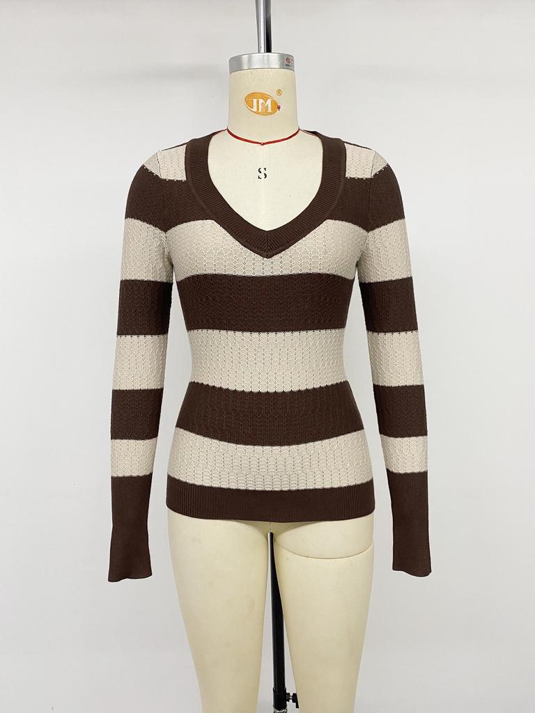 2026 Autumn Winter Slim-fit V-neck Stripe & Wave Pattern Long Sleeve Knit Sweater for Women
