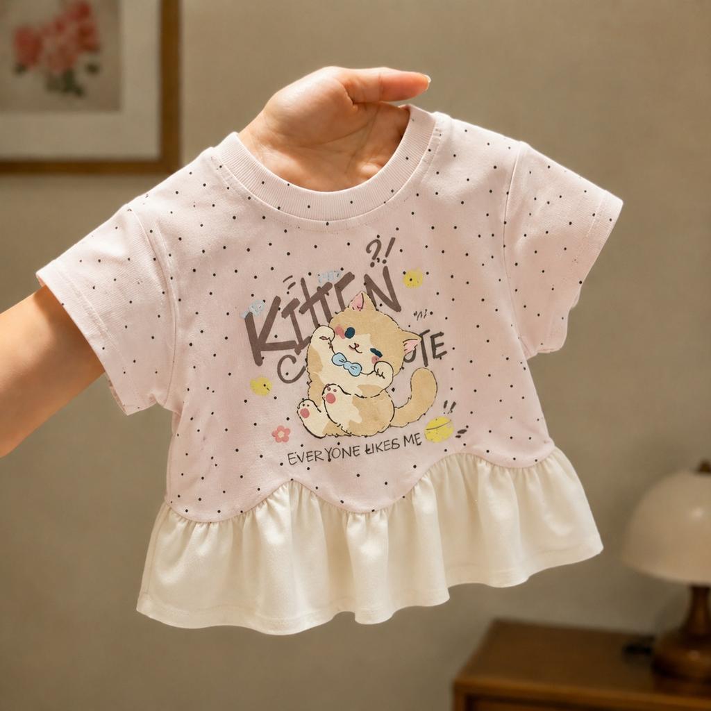 Girls Summer Short Sleeve T Shirt Cotton Polka Dot Applique Top